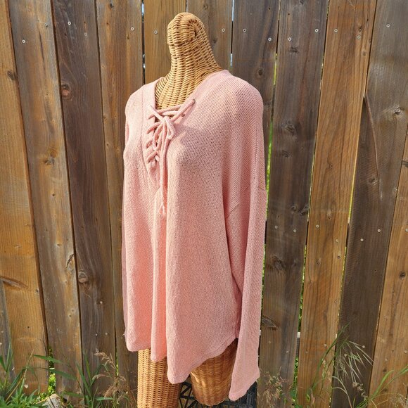 Sadie and Love pink Knit Sweater SZ. XL Lace up V Neck Made with Love in Cali. - Picture 2 of 8